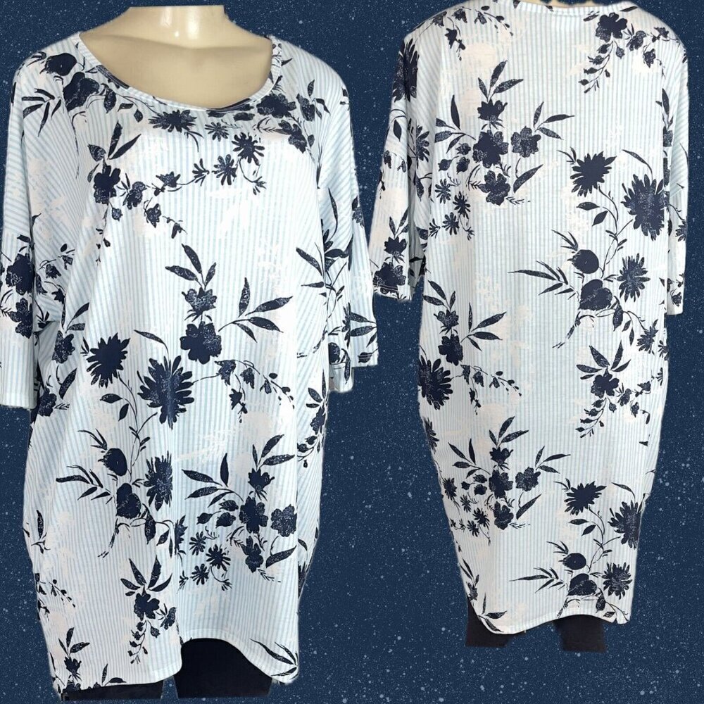 LuLaRoe XL Blue Striped Floral Crew Relaxed Fit Hi-Low Hemline 3/4 Sleeve Tee